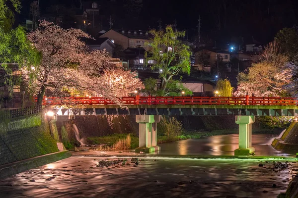 Пейзаж Моста Накабаси Самая Узнаваемая Достопримечательность Такаямы Ночь Цветение Сакуры — стоковое фото