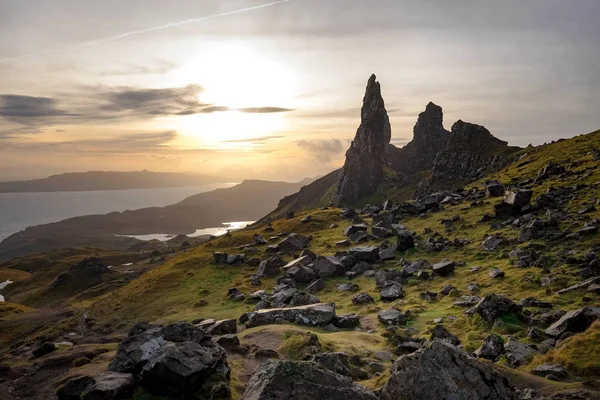 The landscape of track around the Old Man of Storr and the Storr cliffs, the famous attraction in Isle of Skye, Scotland, United Kingdom