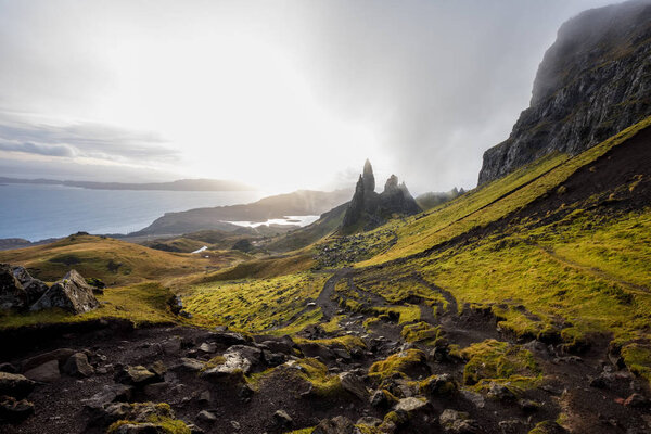 The landscape of track around the Old Man of Storr and the Storr cliffs, the famous attraction in Isle of Skye, Scotland, United Kingdom