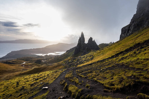 The landscape of track around the Old Man of Storr and the Storr cliffs, the famous attraction in Isle of Skye, Scotland, United Kingdom