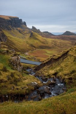 Quiraing etrafında peyzaj, bir landslip üzerinde Isle of Skye, İskoçya, Birleşik Krallık