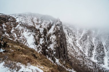 Karlı dağ yamaçları ve derin vadiler, Yeongsil Patikası, Hallasan, Jeju Adası, Güney Kore boyunca kalın sislerin içinde kaybolur..