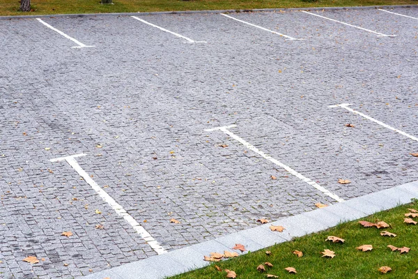 Empty Parking for cars paved with square gray stone tiles with marked white stripes parco top view, around the parking lawns with grass strewn with yellow autumn leaves, nobody.