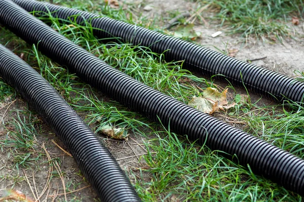 Pvc Corrugated Pipe Black Colore Lying Ground Green Grass — Stock Photo, Image