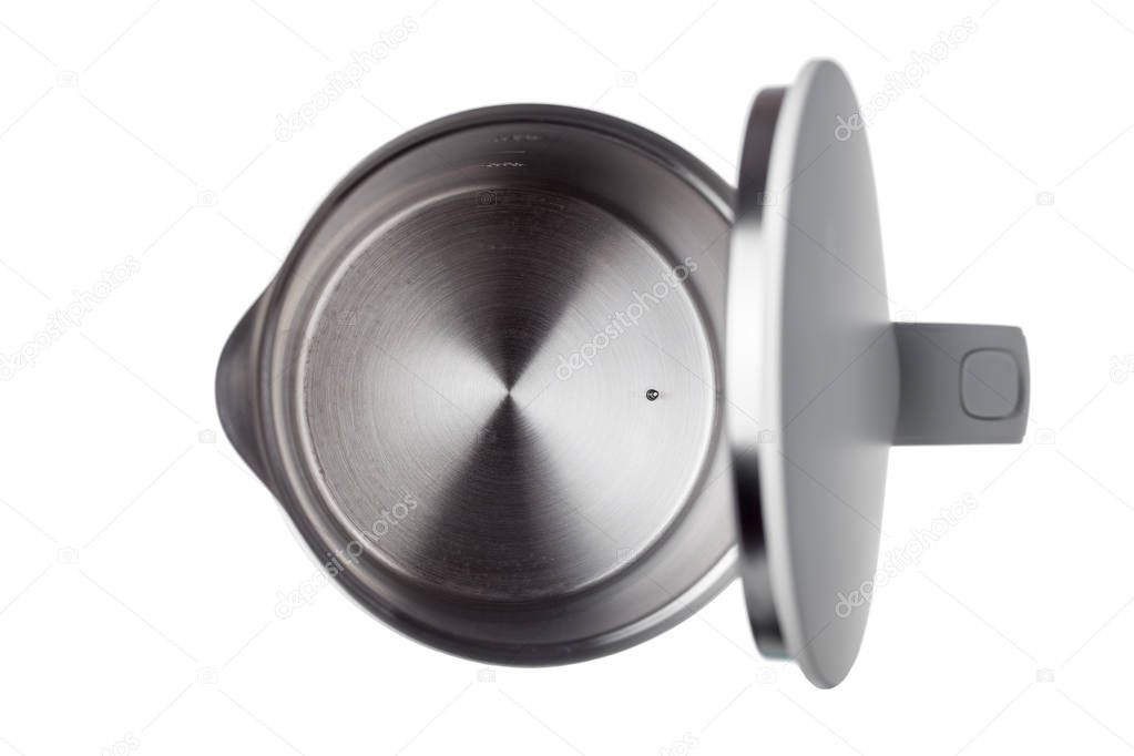 Heating element of electric kettle, inner metal bowl smart teapot top view, isolated on white nobody.