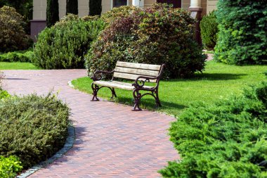 Bir ahşap Bank ile demir bacaklar tribünlerde arka bahçede çimenler ile kaldırımda ve çalılar güneşli bir sahte.