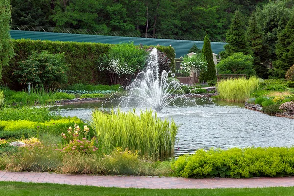 Artificial Pond Fountain Water Landscape Planted Lake Plant Reeds Bushes — Stock Photo, Image
