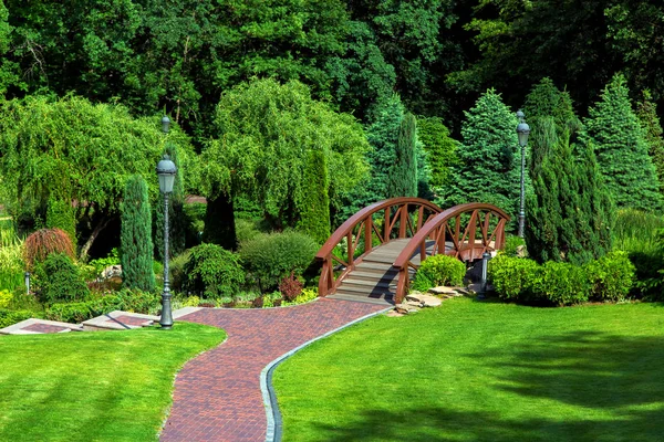 Walkway Leading Decorative Wooden Bridge Pond Landscaped Park Greenery Sidewalk — Stock Photo, Image