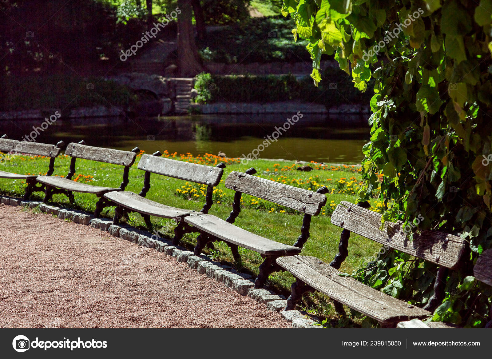 Row Benches Wooden Seats Iron Legs Gravel Path Stone Curb Stock