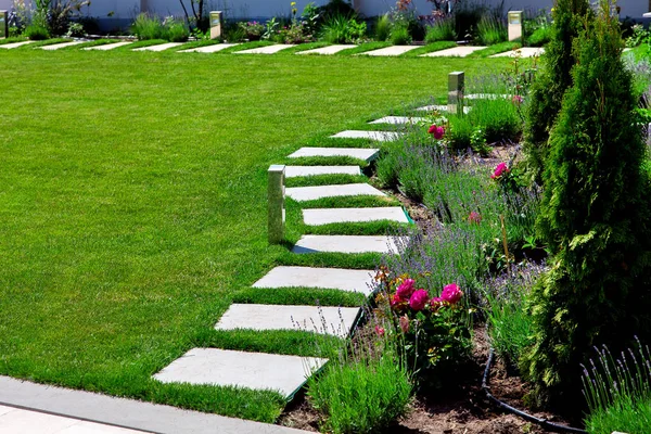 backyard garden with a flower bed with roses and lavender with a path of marble tiles on the meadow with copy space a green lawn on a sunny day nobody.