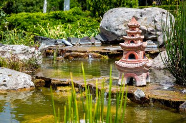 çağlayan şelale ve suda bir Japon evinin heykeli ile yapay gölet.