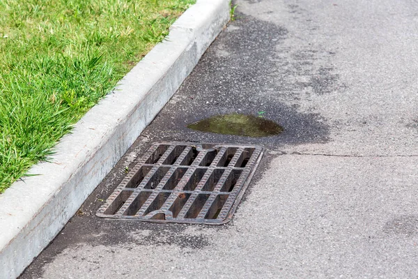 Asphalt Road Manhole Grille Border Green Grass Drainage System Puddle — Stock Photo, Image