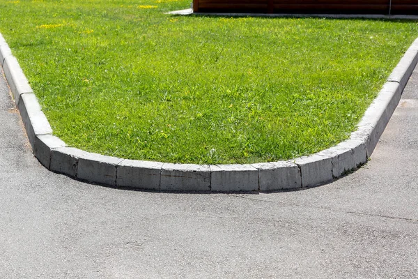 güneşli bir yaz gününde yeşil çim ile arka plan çim bir taş kaldırım ile bir asfalt yol kenarı.