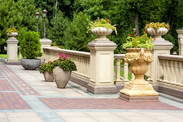 Stone Flowerpots Railing Balustrades Backyard Terrace Paving Tiles Park Trees — Stock Photo, Image