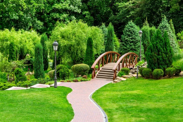 后院公园的景观美化 通过一座木制装饰桥穿过花园 通往灌木丛和树木 — 图库照片