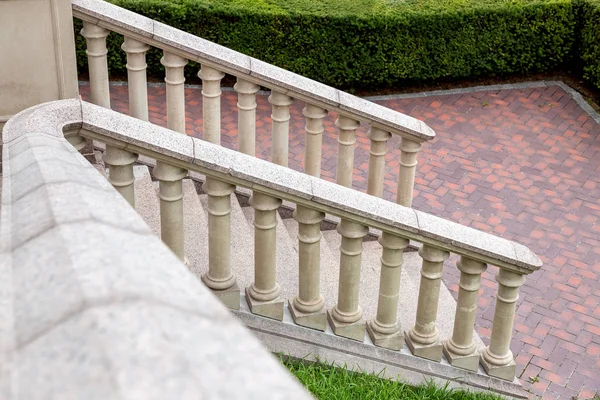 Granite Stairs Railings Stone Balustrades Sidewalk Tiles Hedges Bushes — Stock Photo, Image