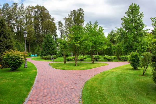 Footpath Perspective Park Green Lawns Trees Which Mounted Iron Street — Stock Photo, Image