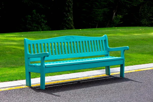 Banc Bois Bleu Éclairé Par Lumière Soleil Dresse Sur Une — Photo