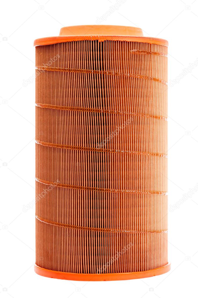 automobile paper filter orange with rubber inserts for air purification, isolated spare part of a lorry.