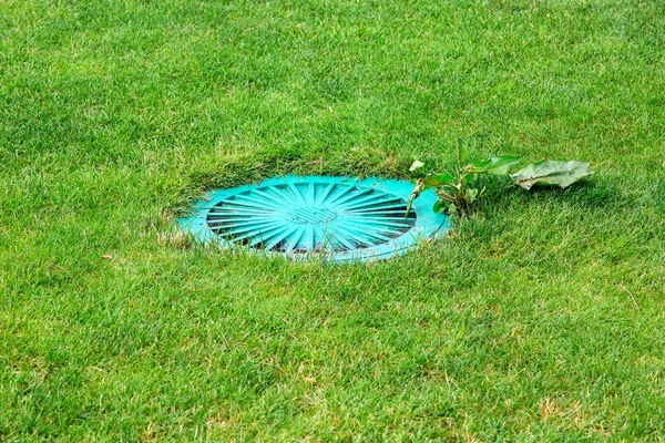 Green hatch of a sewer system in a meadow with green grass, close up manhole on environment nature.