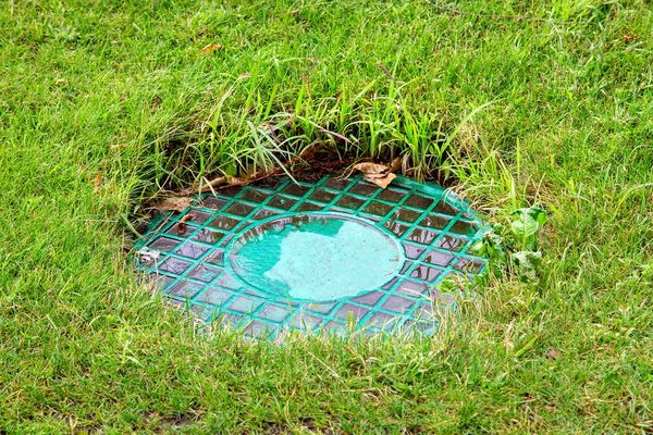 Green wet hatch of a sewer system in a meadow with green grass, close up manhole on nature.