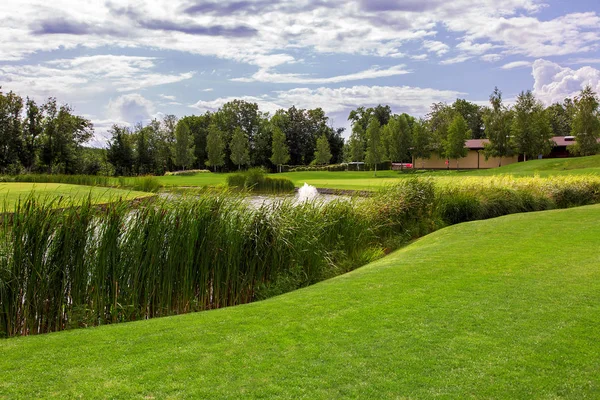 Landscape Well Kept Park Pond Reeds Hilly Nature Blue Cloudy — Stock Photo, Image