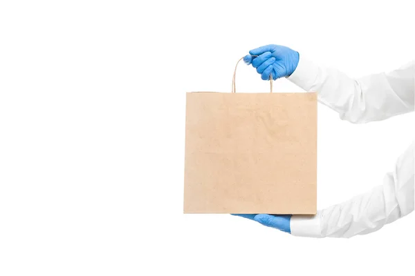 Hands White Sleeves Sterile Gloves Courier Safe Delivery Food Eco — Stock Photo, Image