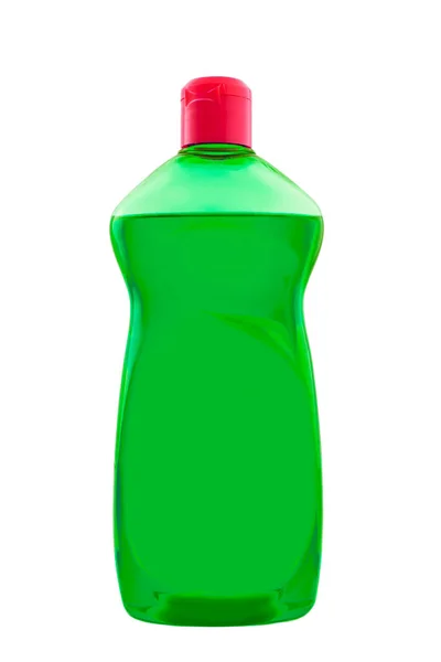 Пластикова Прозора Пляшка Чистішим Рідким Милом Зеленому Кольорі Червоною Шапочкою — стокове фото