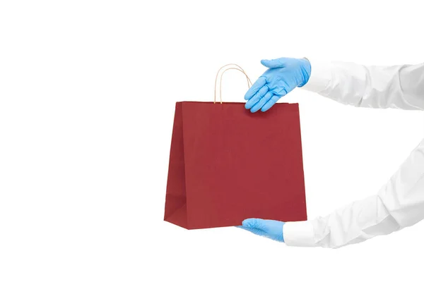 Hands Blue Sterile Gloves Faceless Courier Safe Delivery Food Eco — Stock Photo, Image