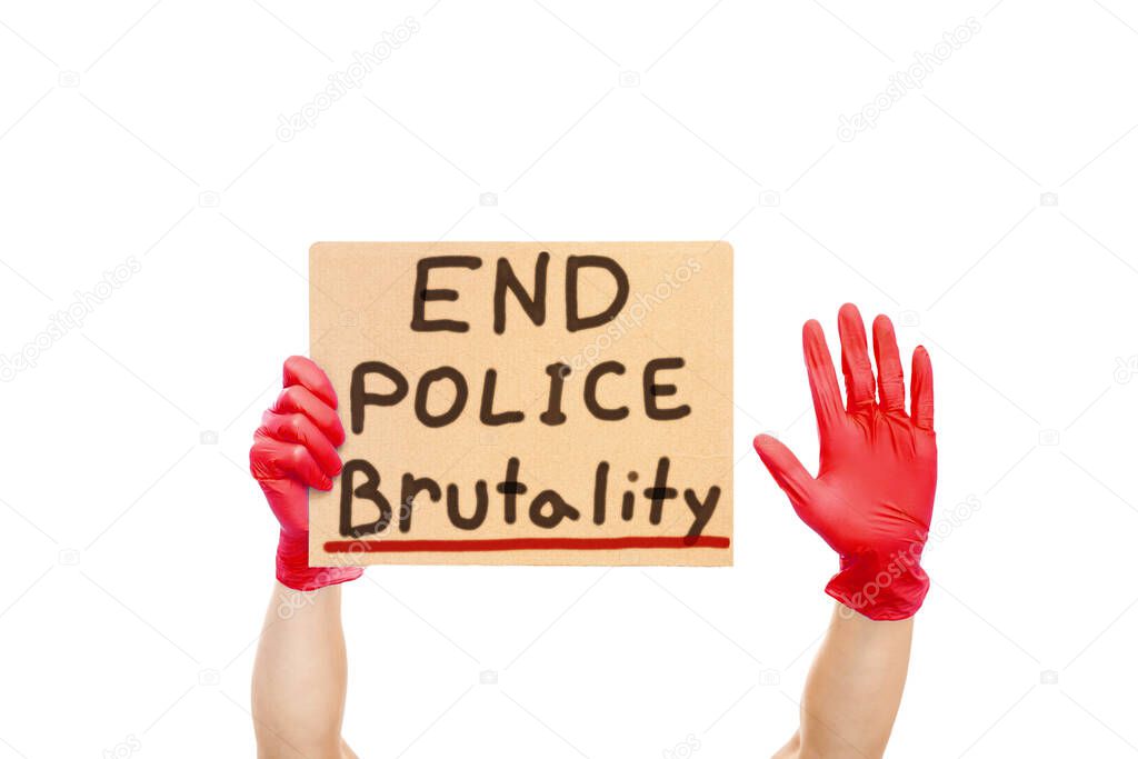 don`t harm to the life saver and stay at home, a cardboard paper in hand in medical gloves and a hand gesture with a stop isolated on a white background mockup on theme of medical protest.