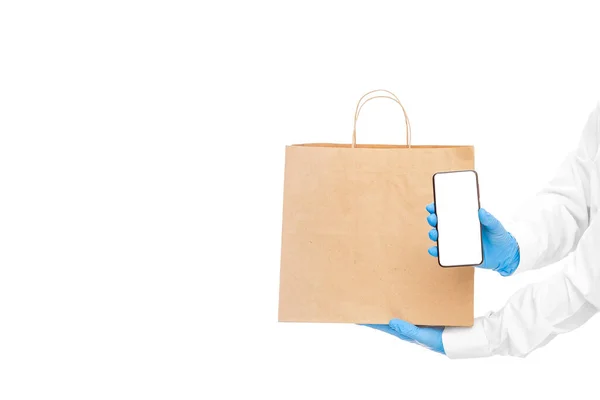 Faceless Delivery Man Hold Hands Brown Paper Eco Friendly Package — Stock Photo, Image