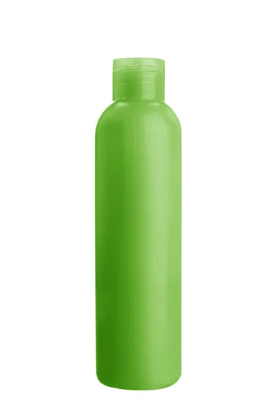 绿色塑料瓶 装有洗头洗头洗头洗头 卫生凝胶和保健的洗发水 标有白色背景的物体没有人 — 图库照片