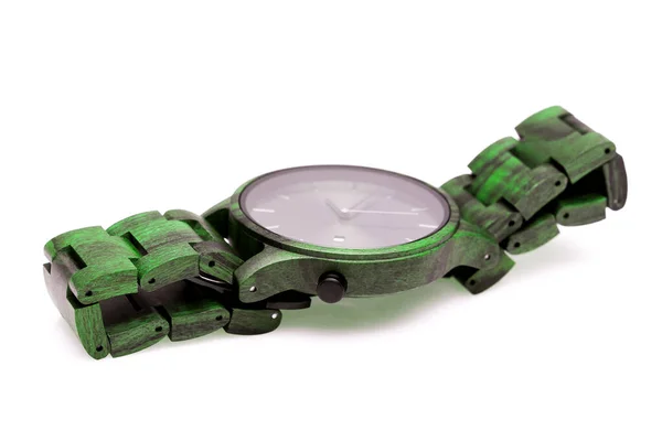 Houten Pols Horloges Zijaanzicht Milieuvriendelijk Groen Object Geïsoleerd Een Witte — Stockfoto