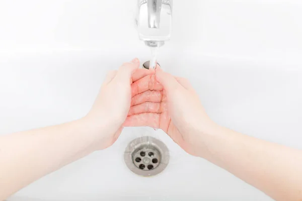 Washing Femle Hands White Ceramic Washbasin Chrome Faucet Water Bacteria — Stock Photo, Image