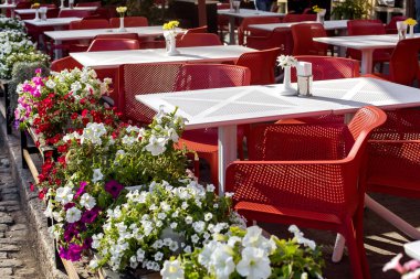 Beyaz delikli masalar, açık bir sokak kafesinin kırmızı sandalyeleri, vazolar ve çiçek açan petunyalar, teras kenti kafesi güneşli bir günde, hiç kimse.
