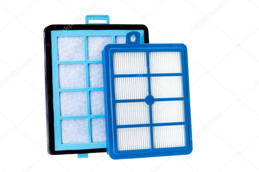 air filters for vacuum cleaner for cleaning air from dust, new spare part on blue case isolated on white background.