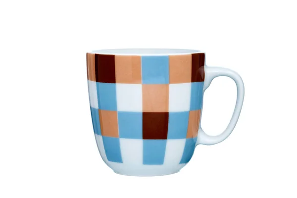 Ceramic Cup Handle Prints Squares Blue Brown Color Coffee Tea — Stock Photo, Image