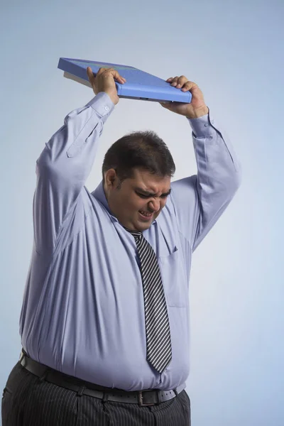 Frustrated Obese Man Wearing Formal Clothes Lifting Weighing Scale His — Stock Photo, Image