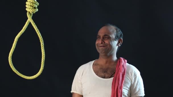 Sad Indian Man Standing Front Noose Despair Stress — Stock Video