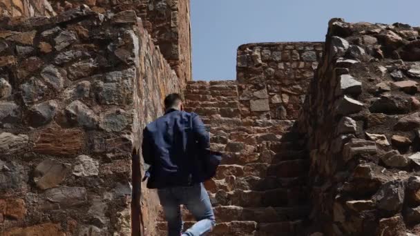 Rear View Man Running Stairs — Stock Video