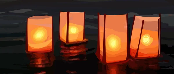 Lanterne Nella Notte Illustrazione Romantica Poetica — Vettoriale Stock