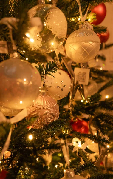 Assortment White Silver Christmas Ball Ornaments Tree Lights — Stock Photo, Image