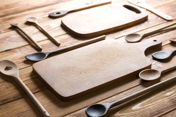 Wooden Kitchen Accessories Wood Cutting Boards Wooden Spoons — Stock Photo, Image