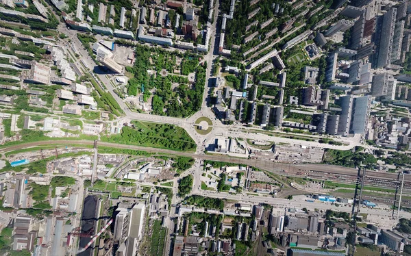 Aerial View Square City Roundabout Traffic Streets Buildings Green Trees — Stock Photo, Image