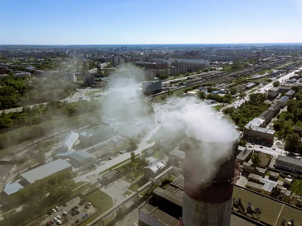 Vista Desde Aire Tubería Roja Blanca Planta Que Proviene Humo — Foto de Stock