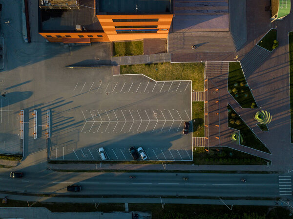 Aerial view of the parking with cars near the Technopark of the Novosibirsk Academic Township