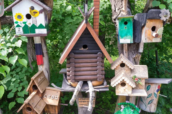 Wooden Birdhouses Made Children Own Hands Exhibition Which Birds Live — Stock Photo, Image