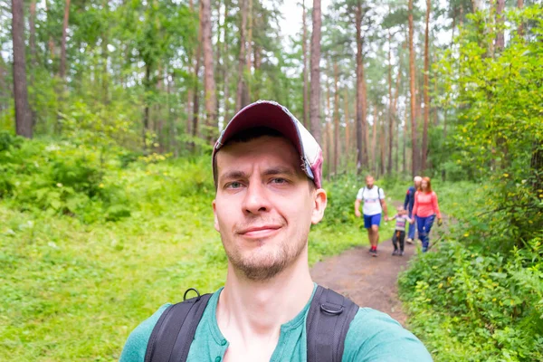 Young Male Traveler Cap Visor Turned One Side Backpack His — Stock Photo, Image