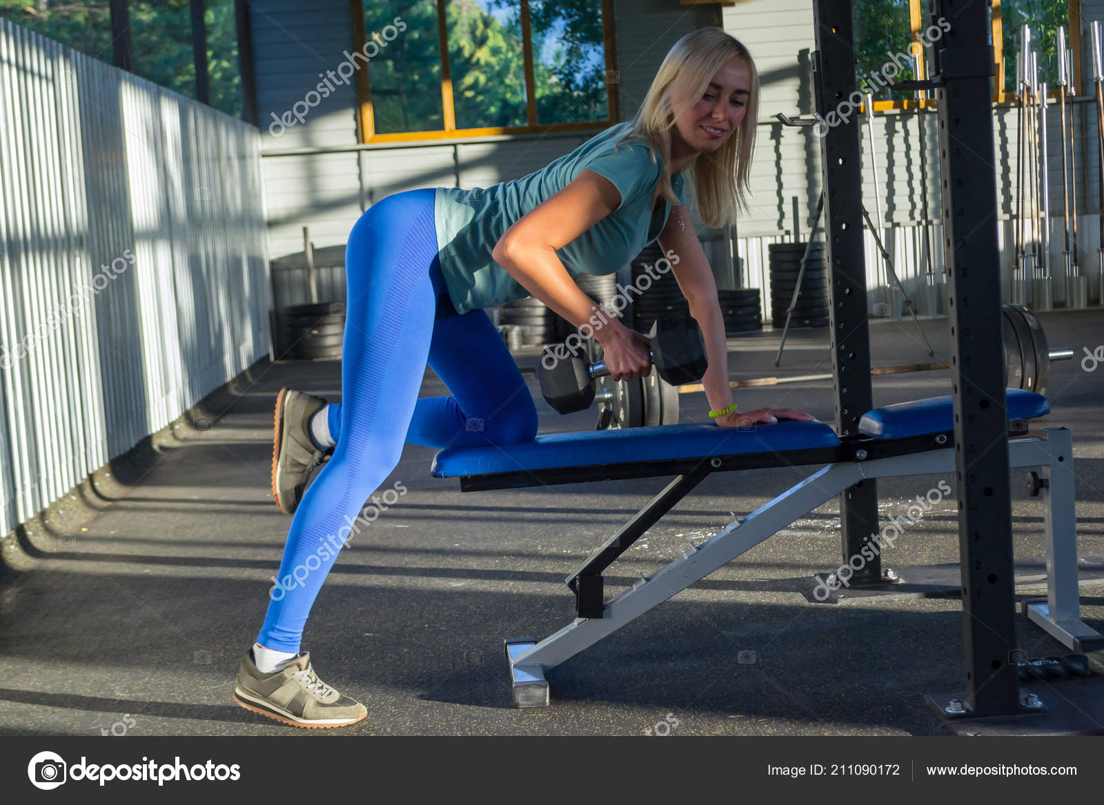 Blonde Beatifull Woman Blue Leggings Green Shirt Smile Push Weight