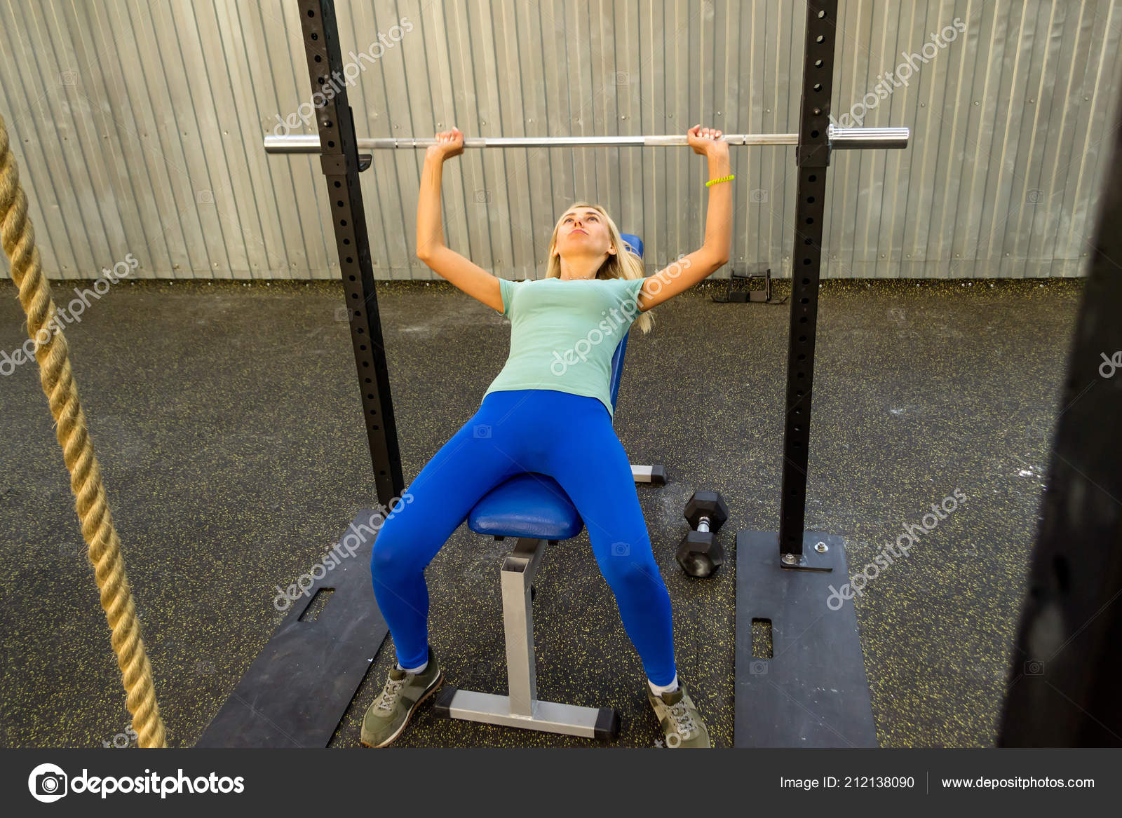 Girl Blonde Green Shirt Blue Pants First Doing Bar Bench Stock